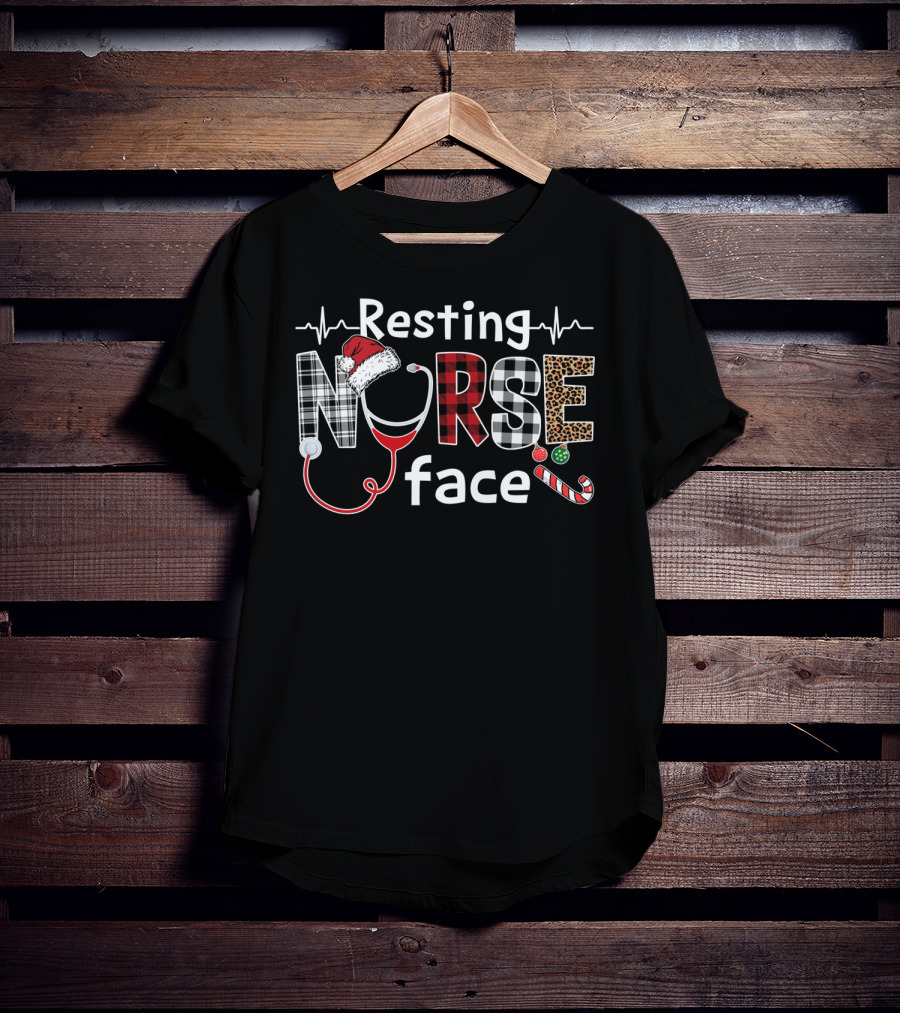 Resting Nurse Face Christmas Plaid Stethoscope Candy Cane Santa Hat Leopard T-Shirt