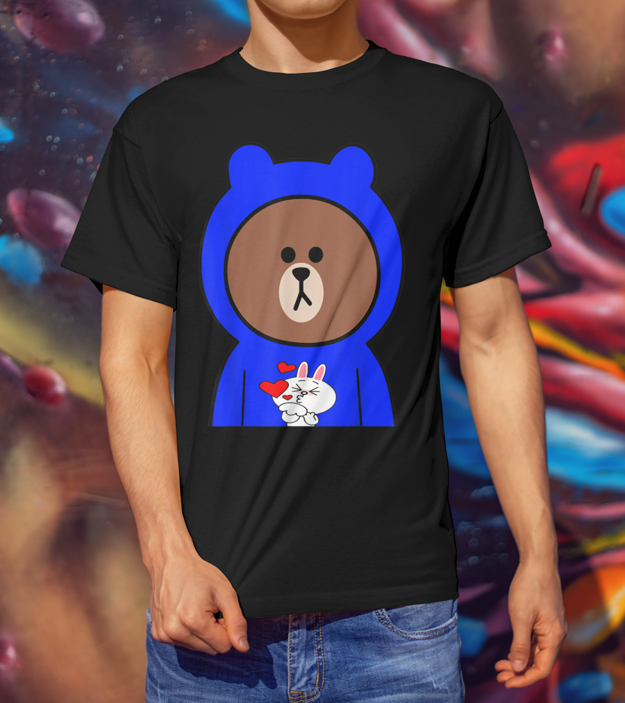 Brown Bear In Blue Hoodie With Cony Bunny Love Hearts T-Shirt