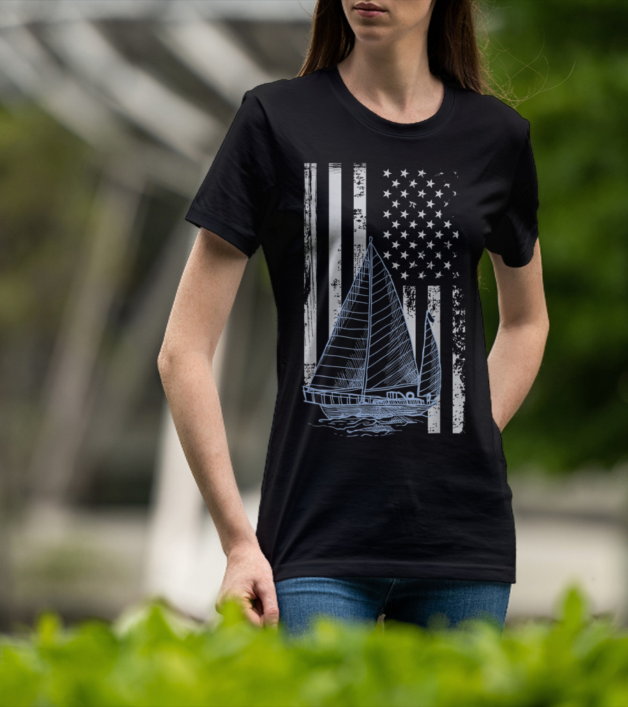 Fun Vintage Sailboat With American Flag Elements T-Shirt