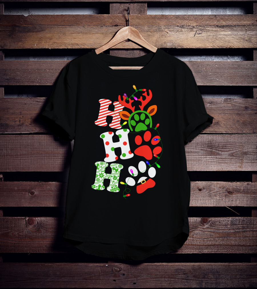 Ho Ho Ho Christmas Dog Paw Santa Lights Reindeer Antlers T-Shirt