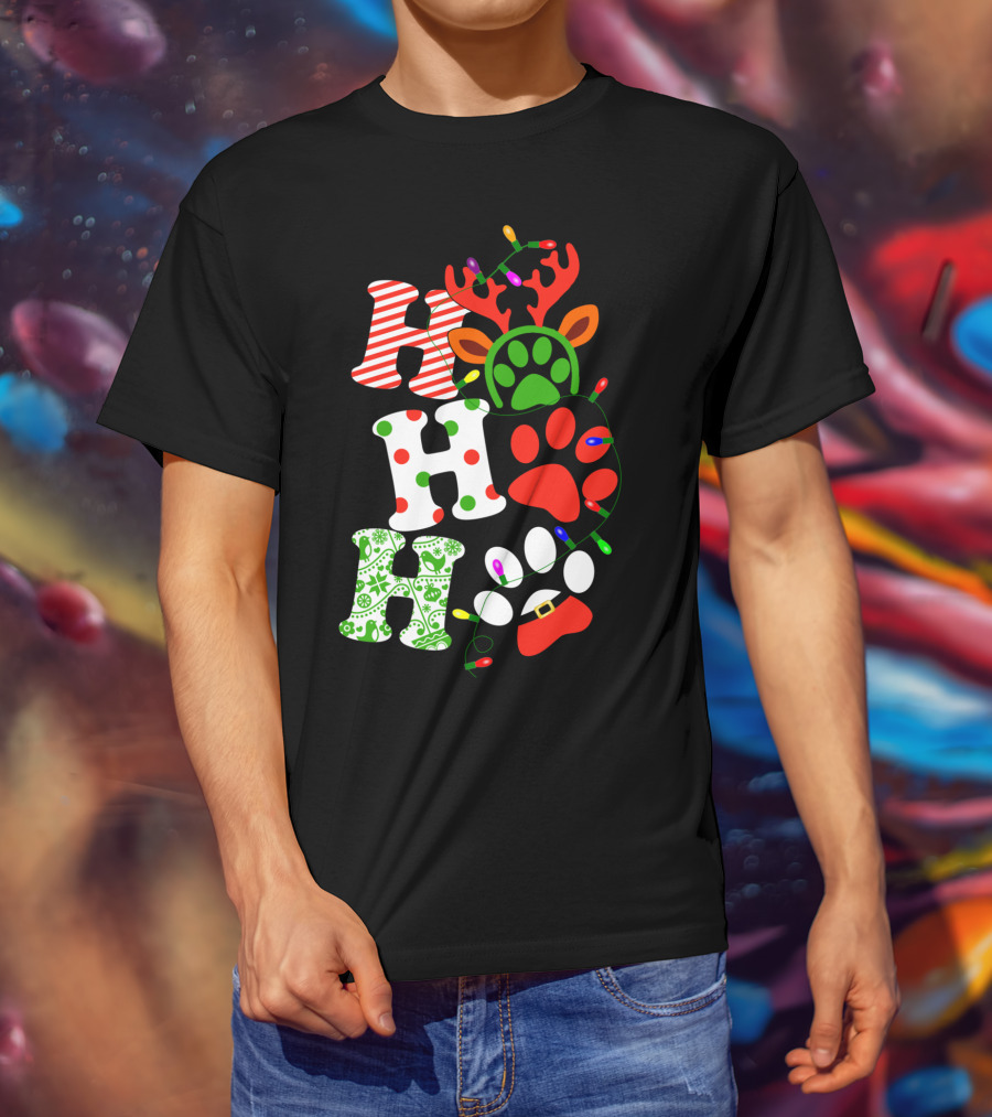 Ho Ho Ho Christmas Dog Paw Santa Lights Reindeer Antlers T-Shirt