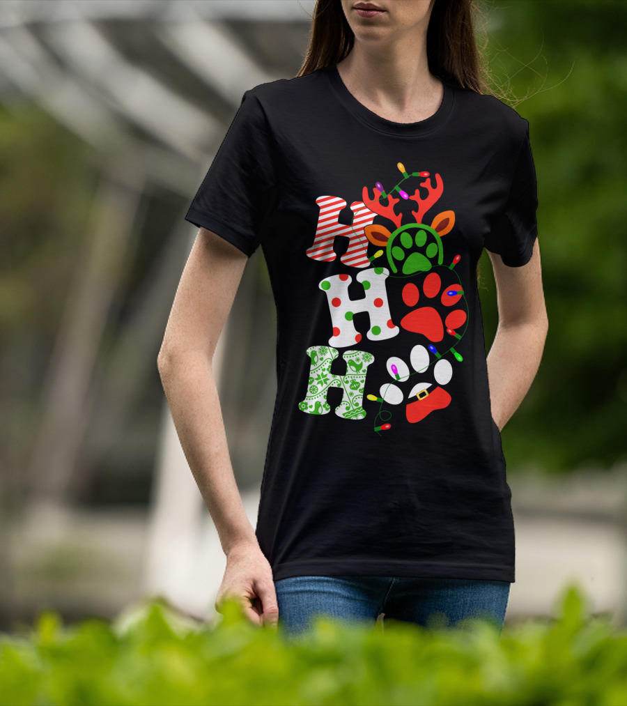 Ho Ho Ho Christmas Dog Paw Santa Lights Reindeer Antlers T-Shirt