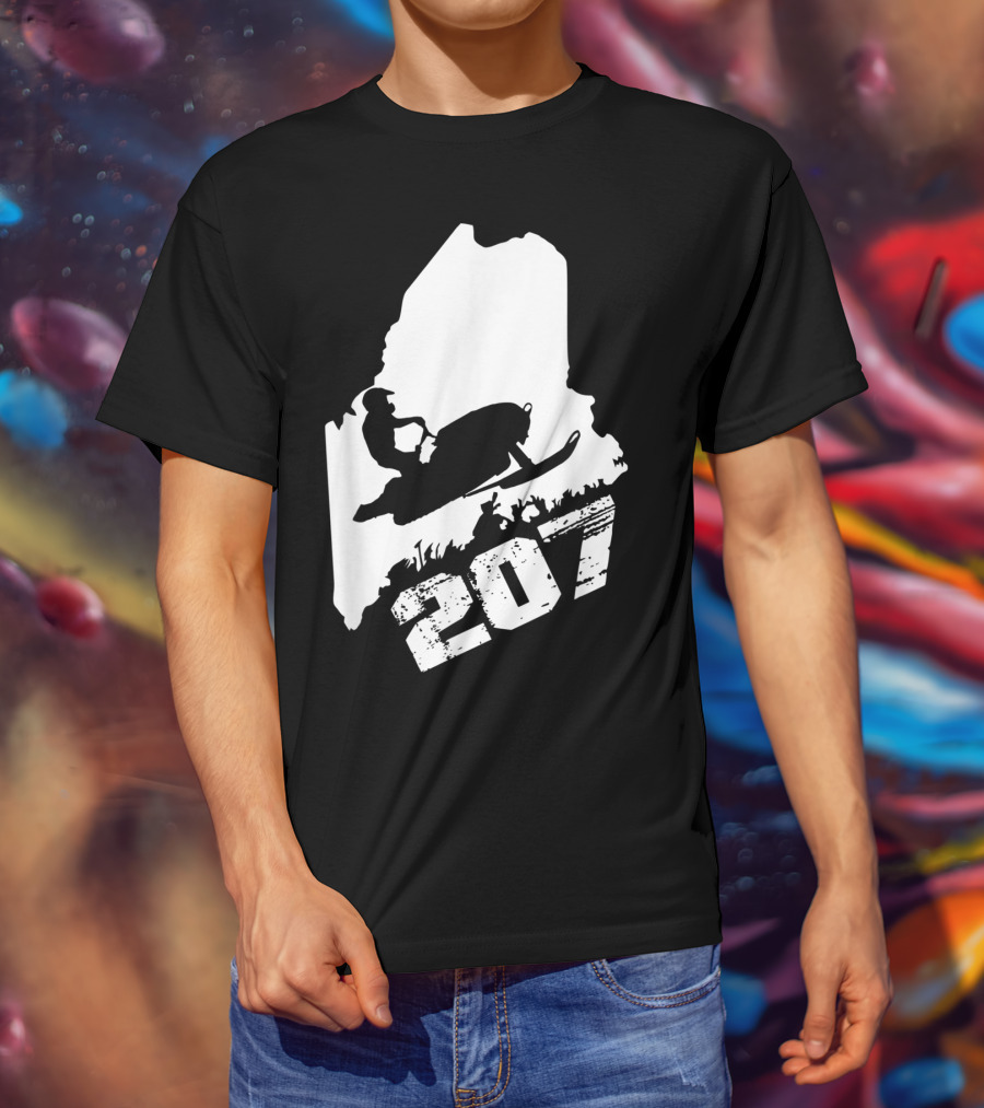 Maine 207 Snowmobile Silhouette In State Outline T-Shirt