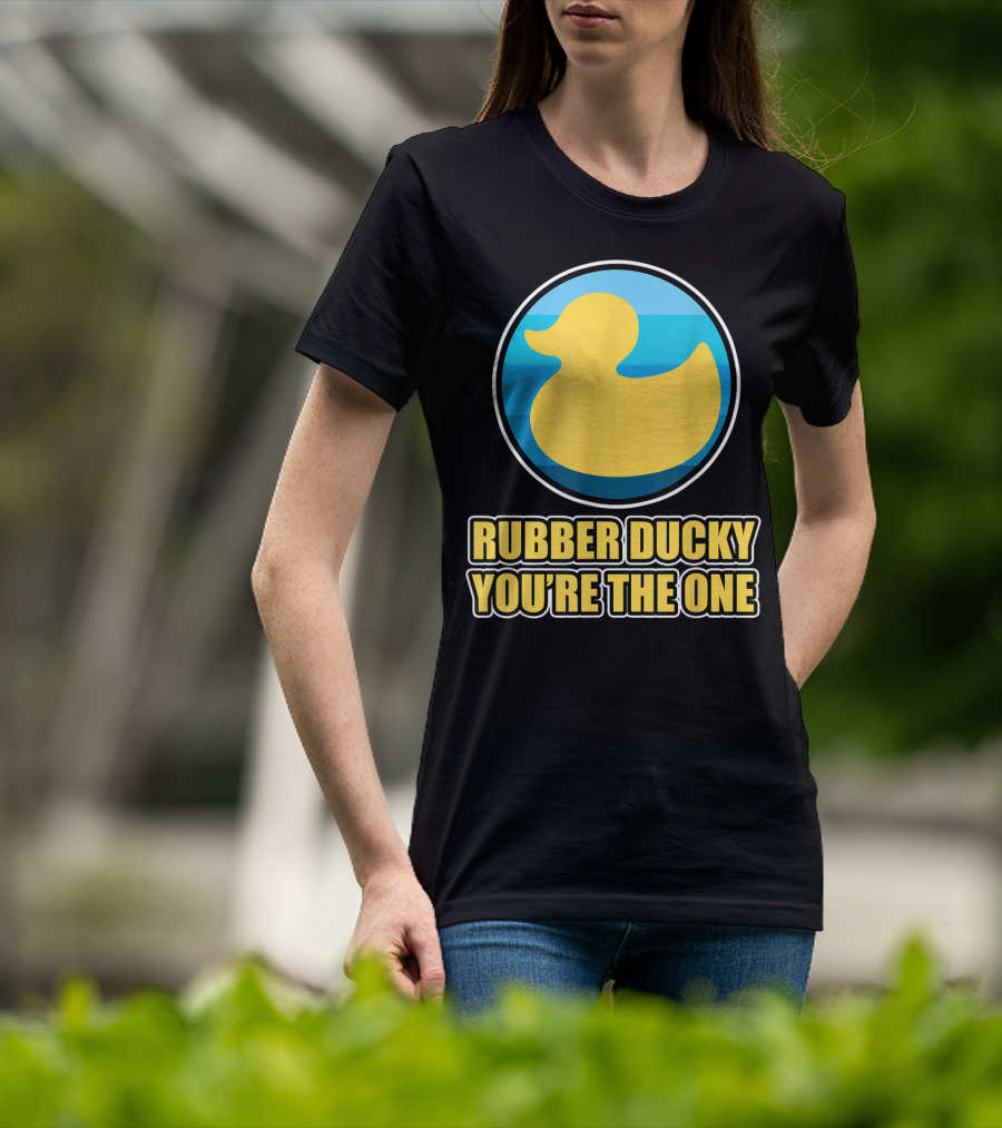 Rubber Ducky You're The One Iconic Yellow Toy Bath Duck Blue Circle Background T-Shirt