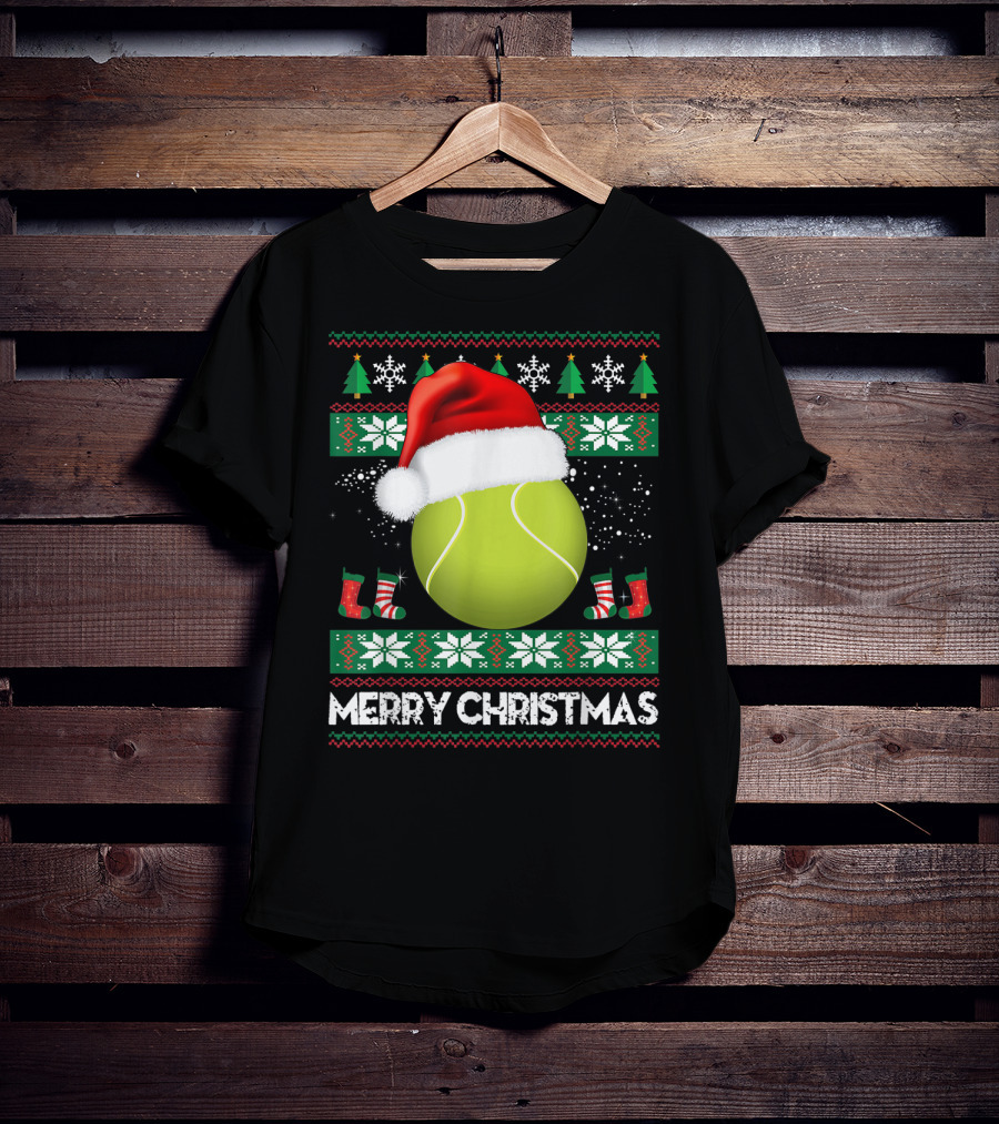 Merry Christmas Santa Hat Tennis Baum Pullover Snowflakes T-Shirt