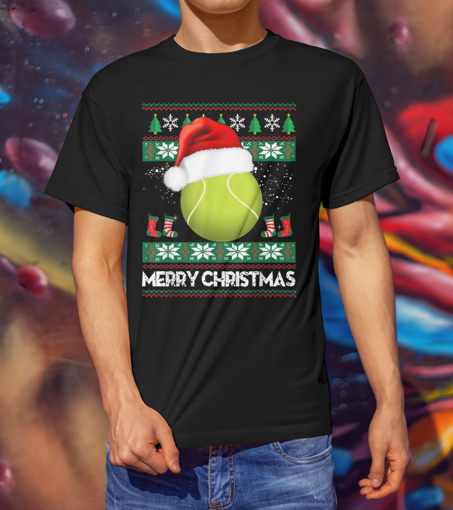 Merry Christmas Santa Hat Tennis Baum Pullover Snowflakes T-Shirt