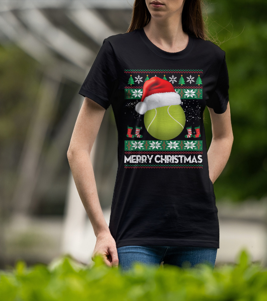 Merry Christmas Santa Hat Tennis Baum Pullover Snowflakes T-Shirt