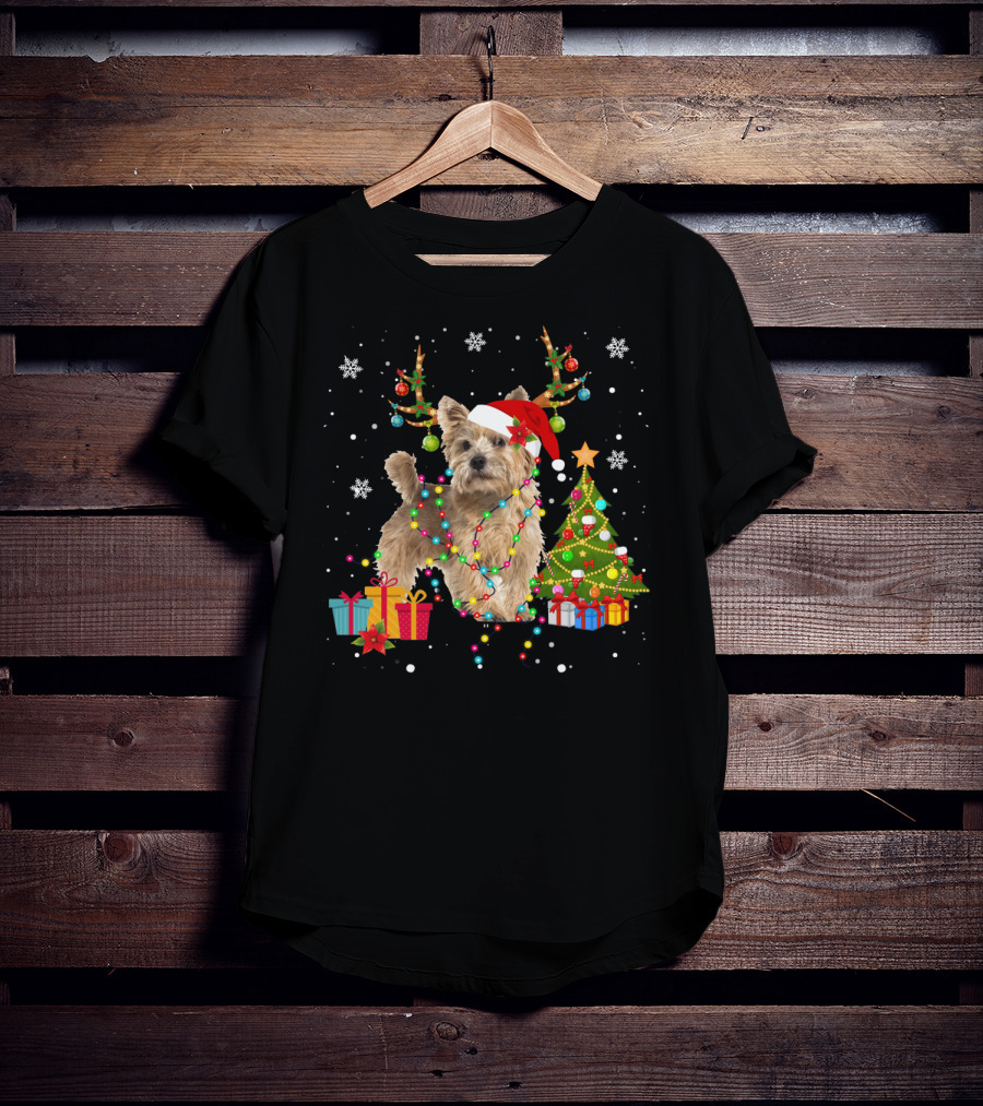 Norwich Terrier Christmas Lights Santa Hat Tree Presents Snowflakes T-Shirt