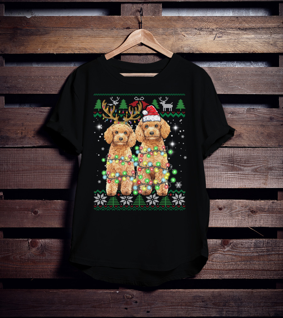 Poodle Dog Ugly Christmas Reindeer Hat Lights Puppy Funny Dog T-Shirt