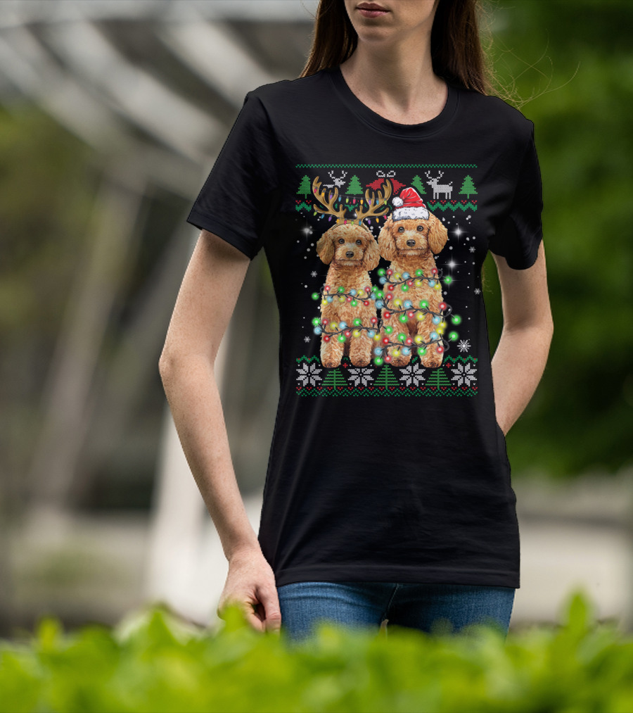 Poodle Dog Ugly Christmas Reindeer Hat Lights Puppy Funny Dog T-Shirt