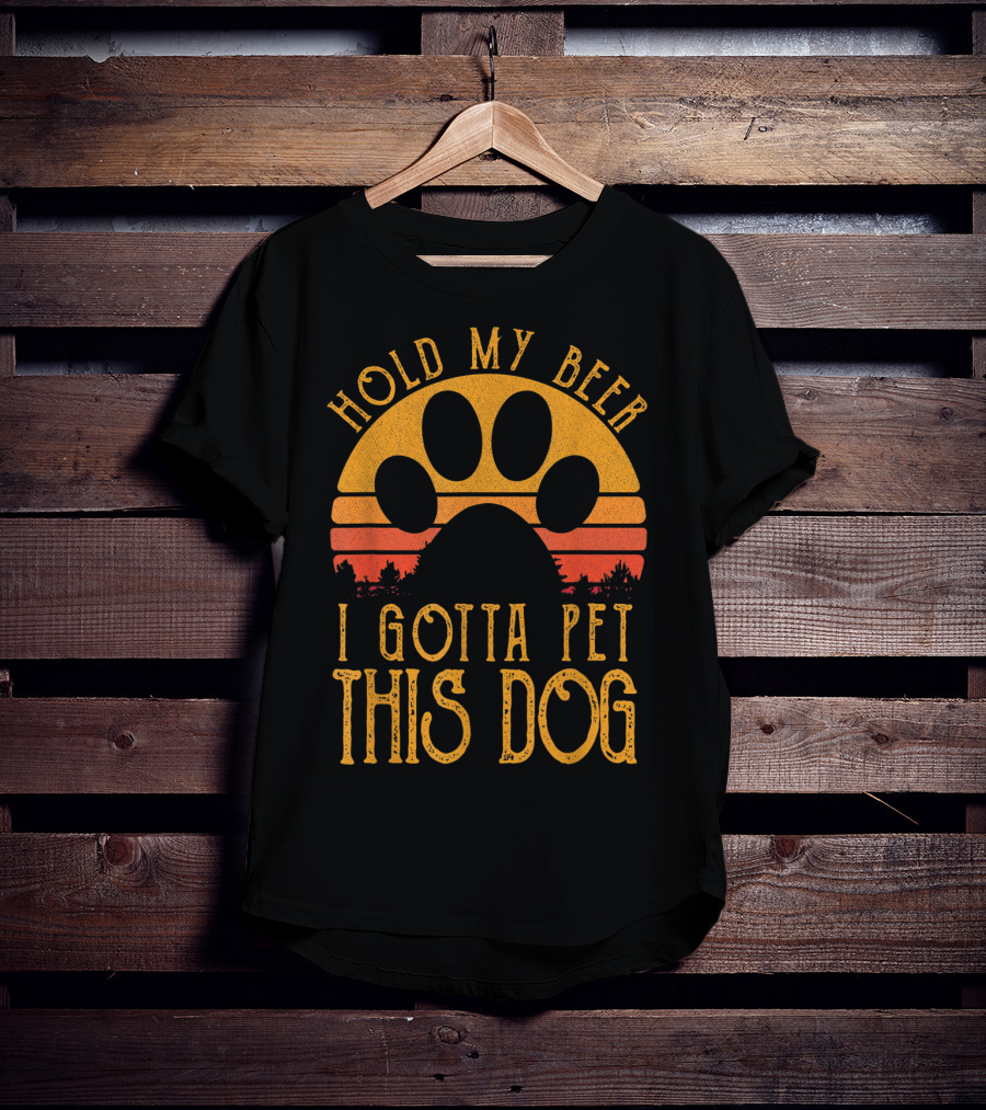 Hold My Beer I Gotta Pet This Dog Retro Vintage Paw Print Sunset T-Shirt