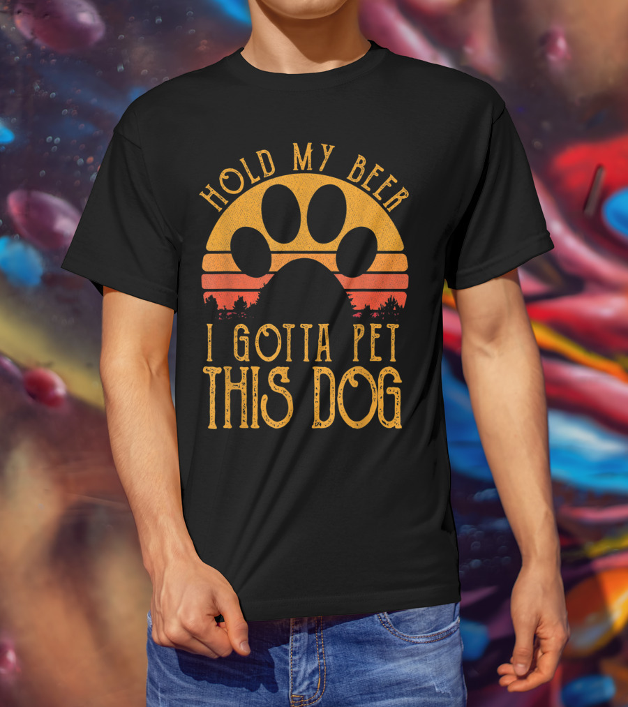 Hold My Beer I Gotta Pet This Dog Retro Vintage Paw Print Sunset T-Shirt