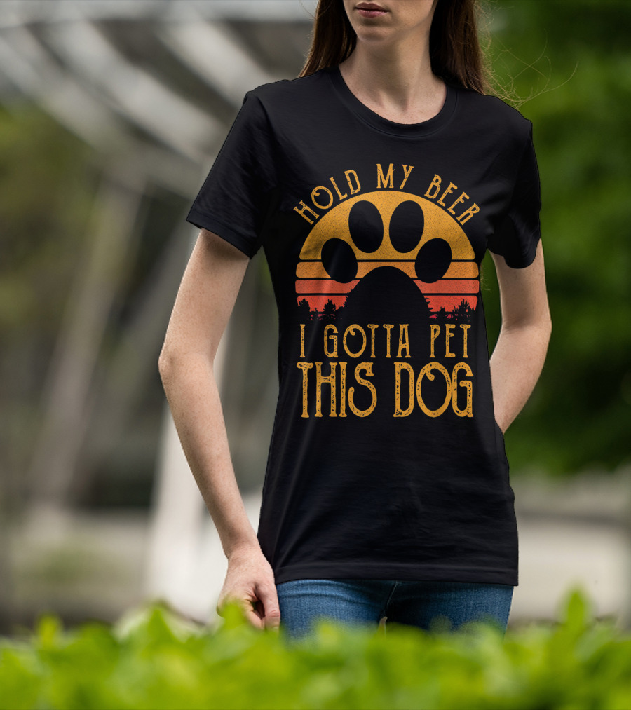 Hold My Beer I Gotta Pet This Dog Retro Vintage Paw Print Sunset T-Shirt