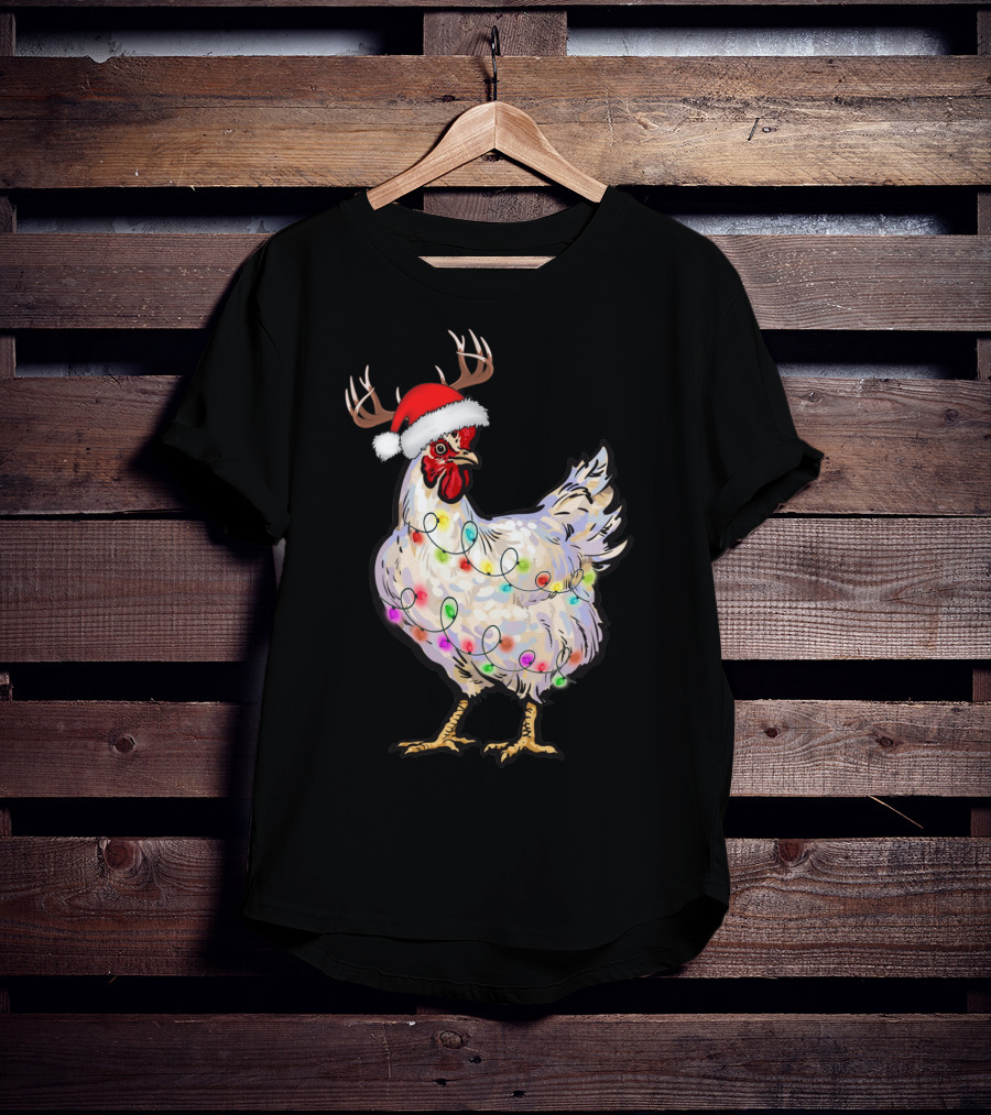 Santa Chicken Reindeer With Christmas Lights And Antlers T-Shirt