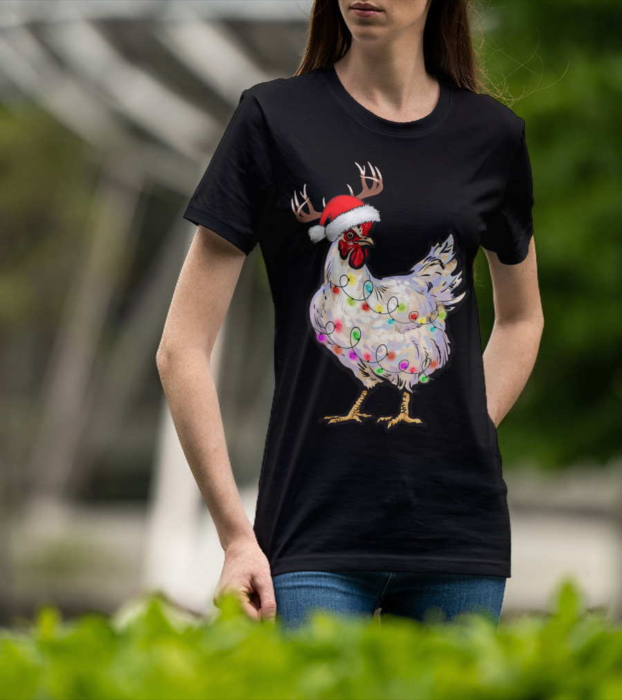 Santa Chicken Reindeer With Christmas Lights And Antlers T-Shirt