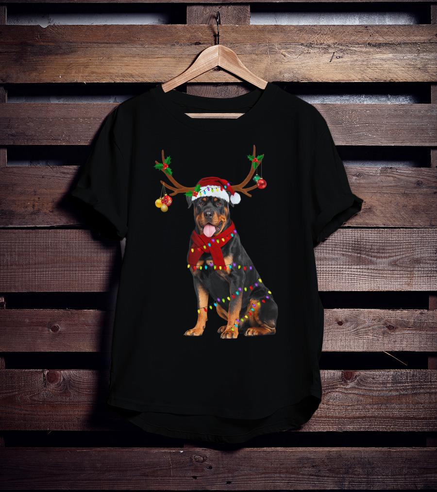 Santa Rottweiler Christmas Reindeer Lights T-Shirt