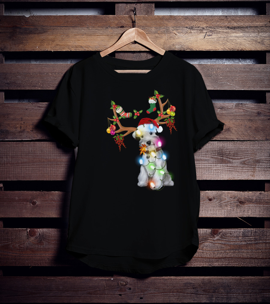 Santa Schnauzer Christmas Lights Reindeer Antlers Holiday Lover T-Shirt