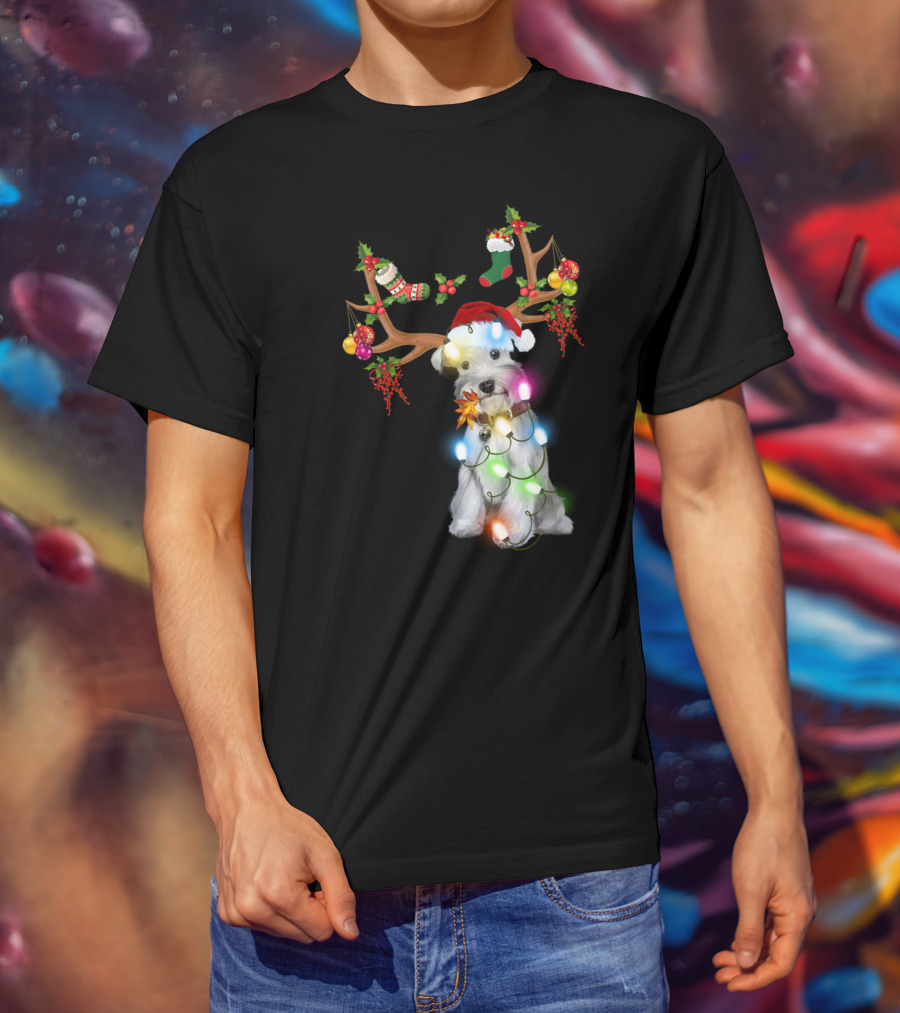 Santa Schnauzer Christmas Lights Reindeer Antlers Holiday Lover T-Shirt