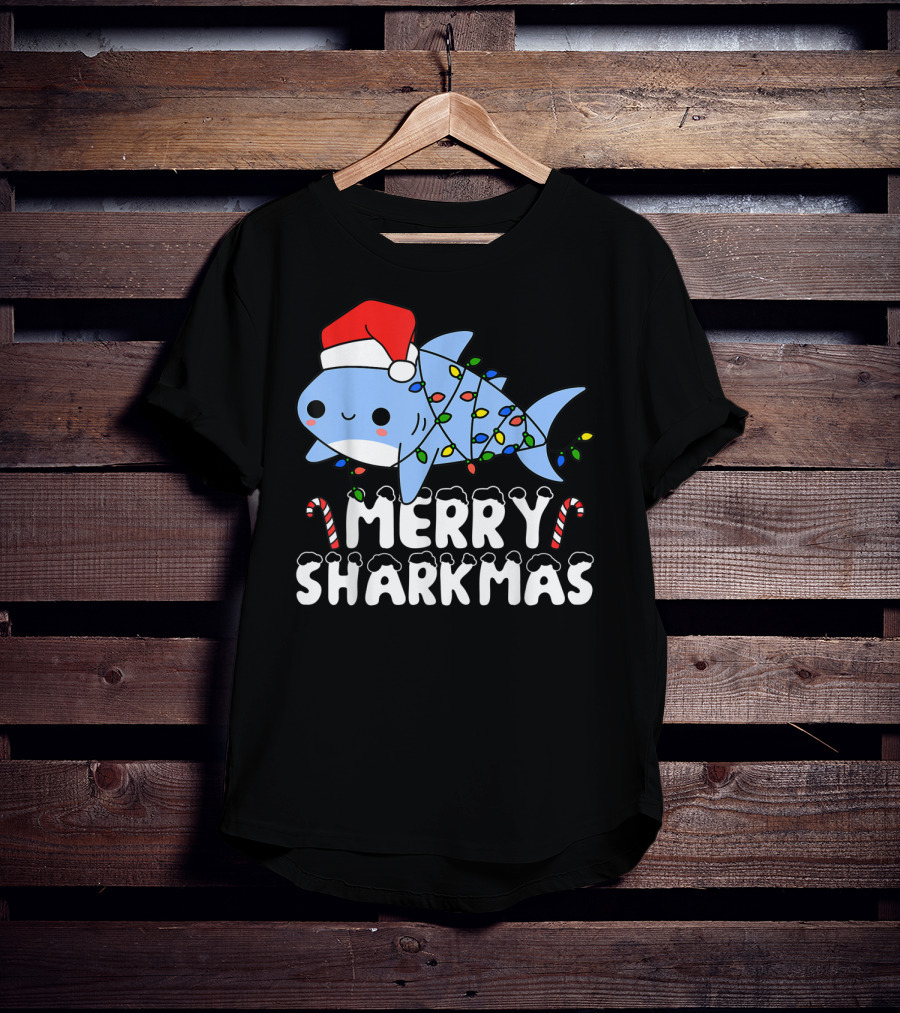 Merry Sharkmas Santa Shark Christmas Lights Boys T-Shirt