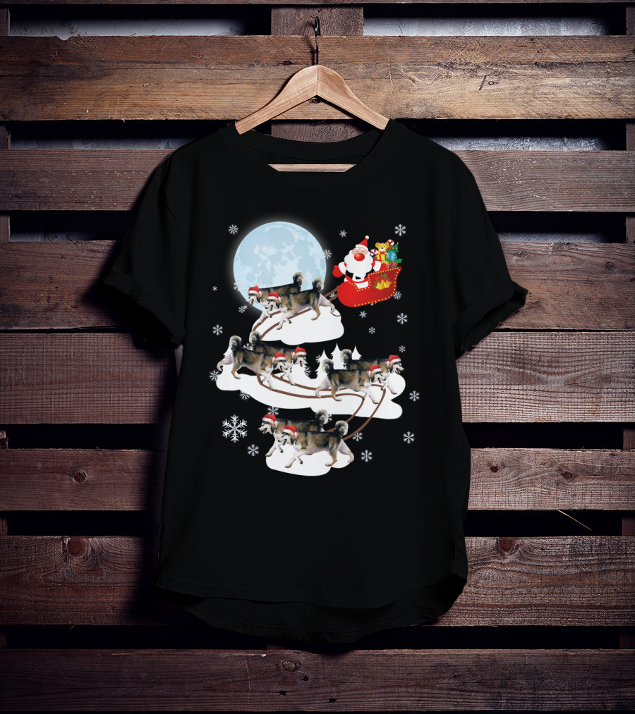 Santa Sleigh Alaskan Malamute Christmas Dog Moon Snowflakes T-Shirt