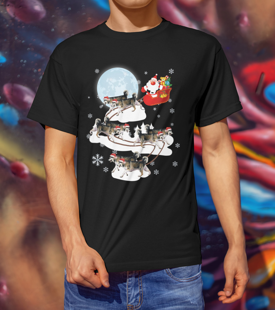 Santa Sleigh Alaskan Malamute Christmas Dog Moon Snowflakes T-Shirt