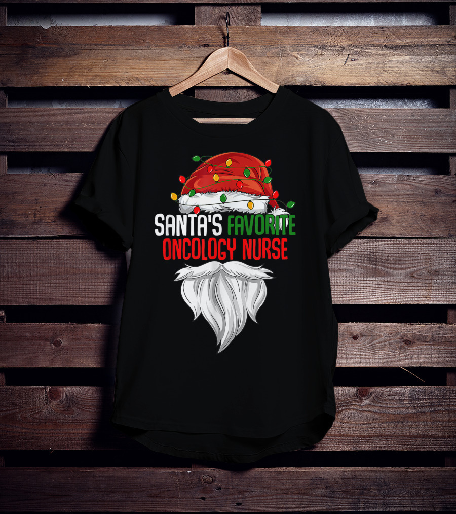 Santa's Favorite Oncology Nurse Christmas Lights And Beard T-Shirt