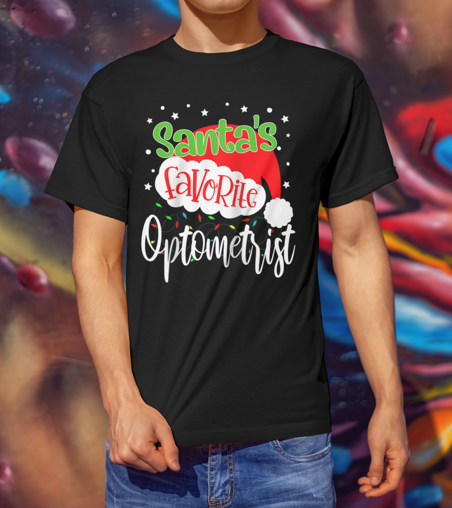 Santa's Favorite Optometrist Christmas Santa Hat And Lights T-Shirt