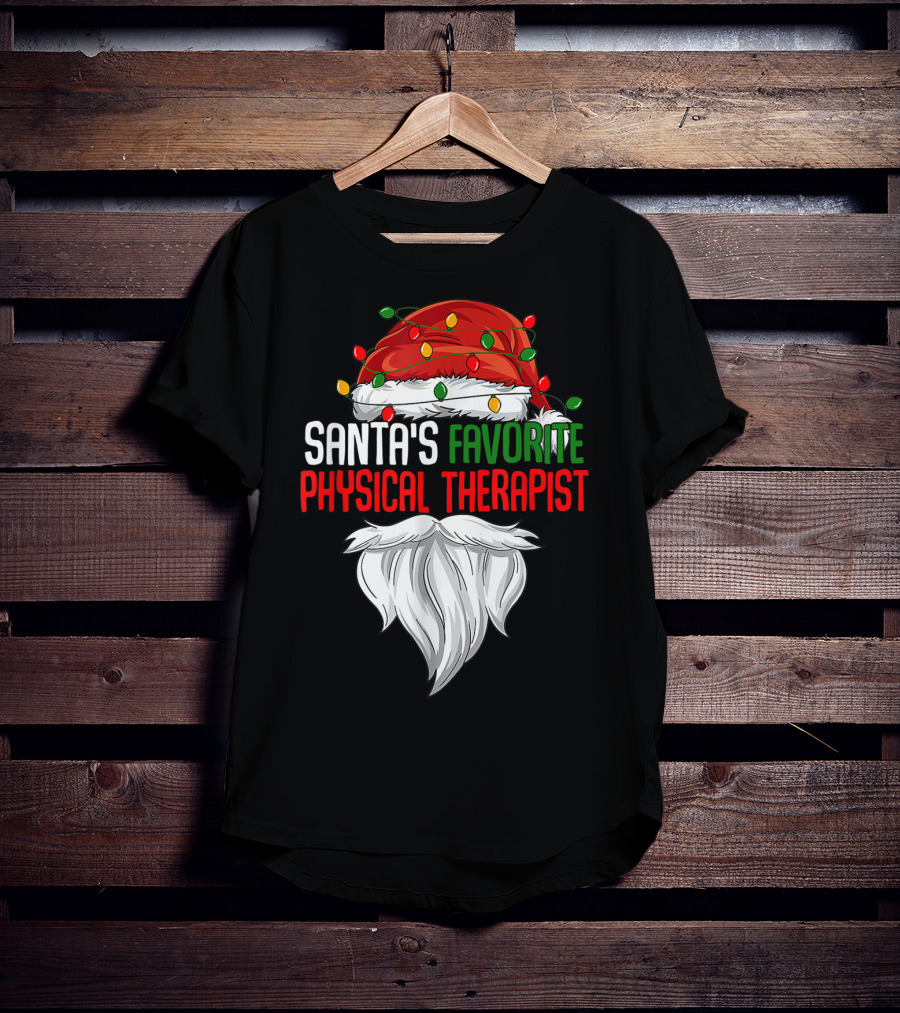 Santa's Favorite Physical Therapist Christmas Lights Hat And Beard T-Shirt
