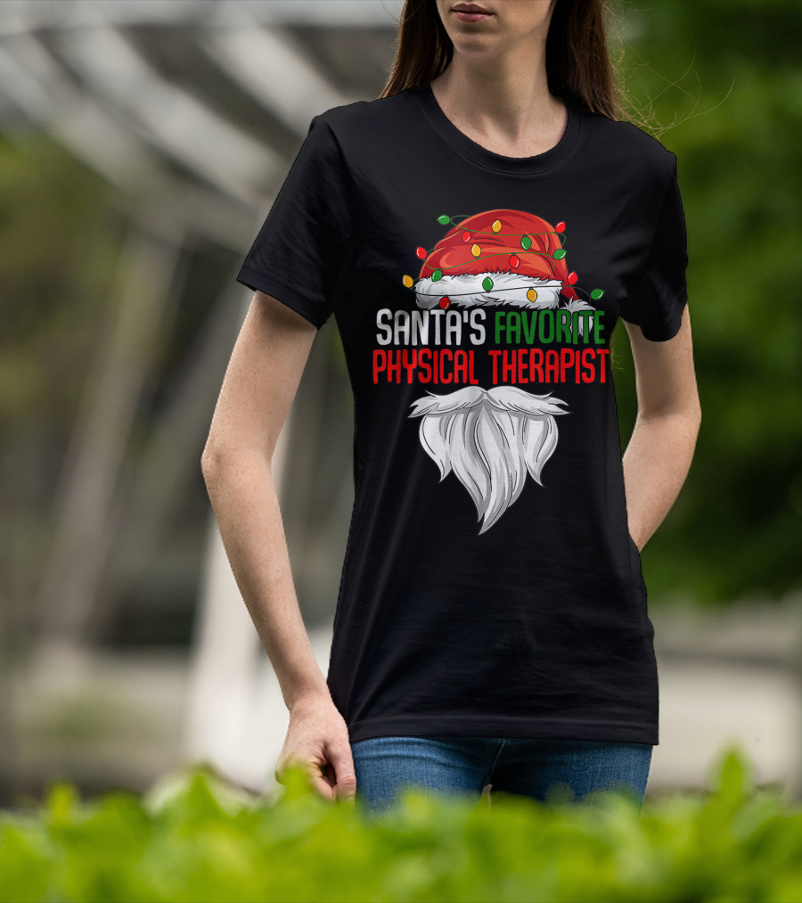 Santa's Favorite Physical Therapist Christmas Lights Hat And Beard T-Shirt