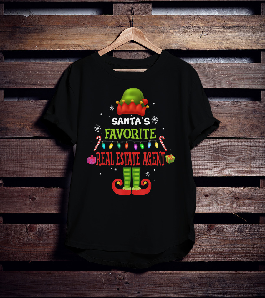 Santa's Favorite Real Estate Agent Christmas Elf Lights Candy Canes Gifts Snowflakes T-Shirt