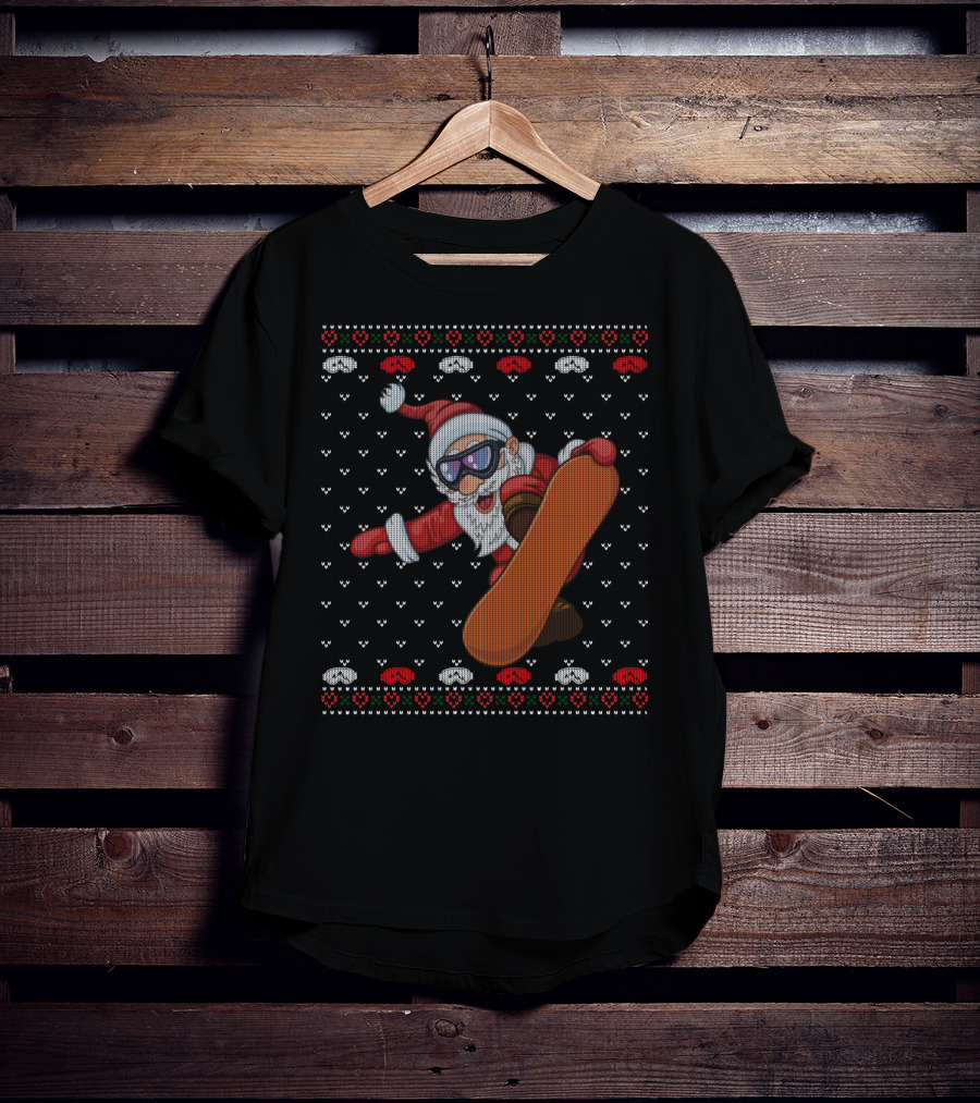 Snowboarding Santa With Goggles In Ugly Christmas T-Shirt