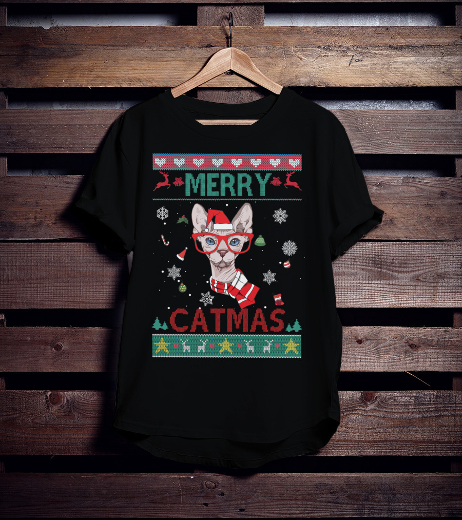 Merry Catmas Sphynx Cat With Santa Hat And Glasses For Christmas T-Shirt