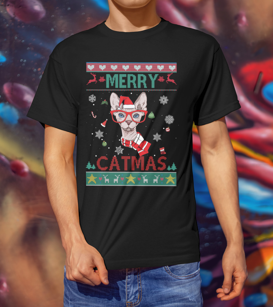 Merry Catmas Sphynx Cat With Santa Hat And Glasses For Christmas T-Shirt