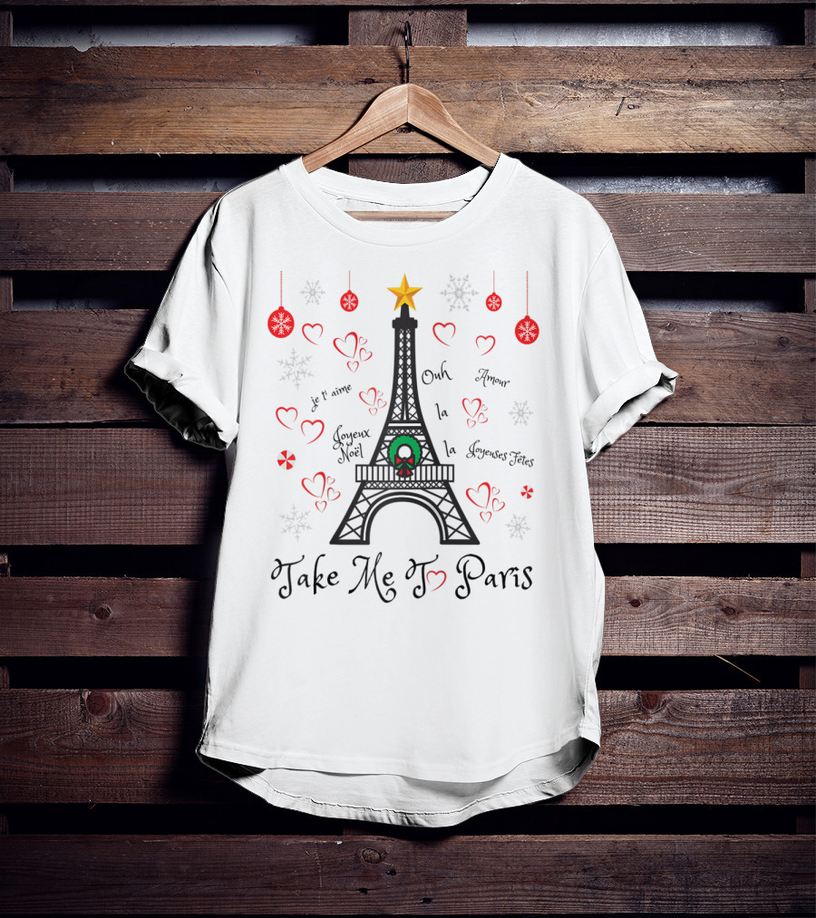 Eiffel Tower Christmas Paris Hearts Snowflakes Holiday T-Shirt