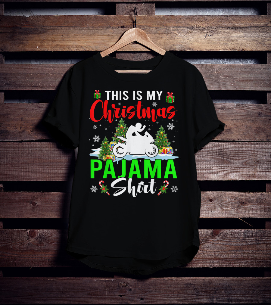 This Is My Christmas Pajama Shirt Snowflakes Motorbike Trees Presents T-Shirt