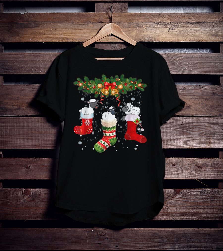 Three Sheeps In Christmas Stockings Bells Garland Snowflakes Holiday T-Shirt