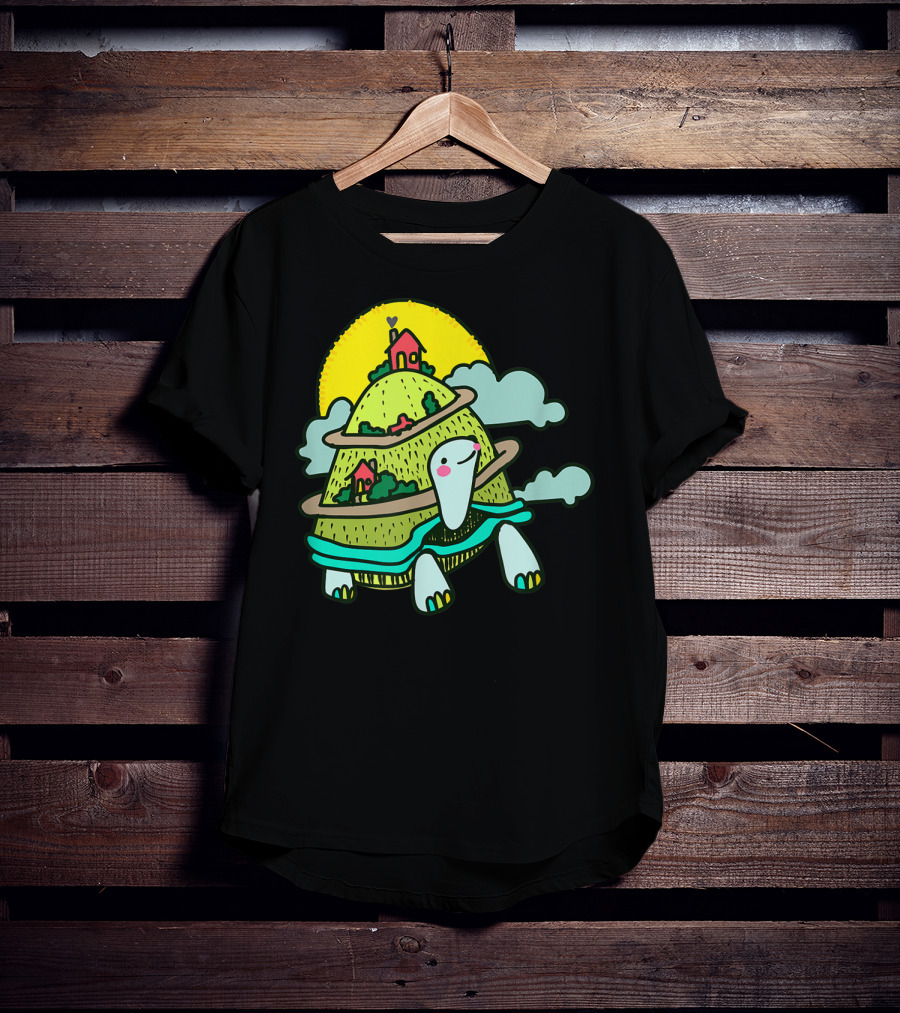 Turtle Life On A Mountain Path With Houses And Sun T-Shirt