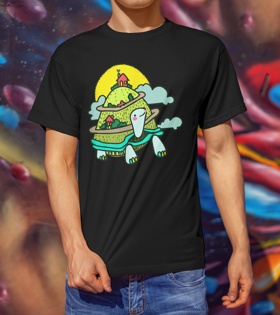 Turtle Life On A Mountain Path With Houses And Sun T-Shirt