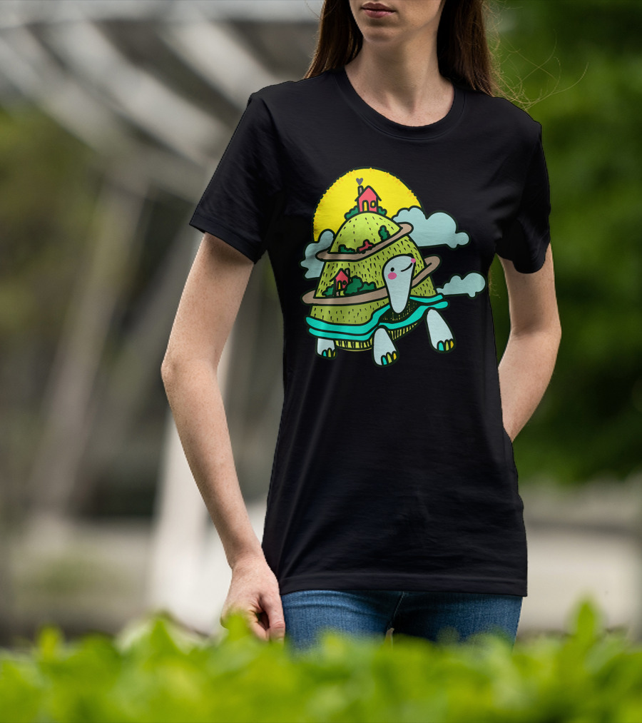 Turtle Life On A Mountain Path With Houses And Sun T-Shirt
