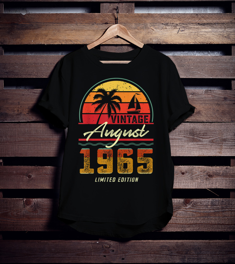 Vintage August 1965 Palm Tree And Sailboat Retro Sunset T-Shirt