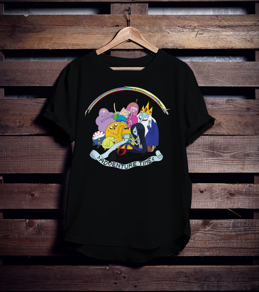 Adventure Time Characters Group With Rainbow And Script Banner T-Shirt