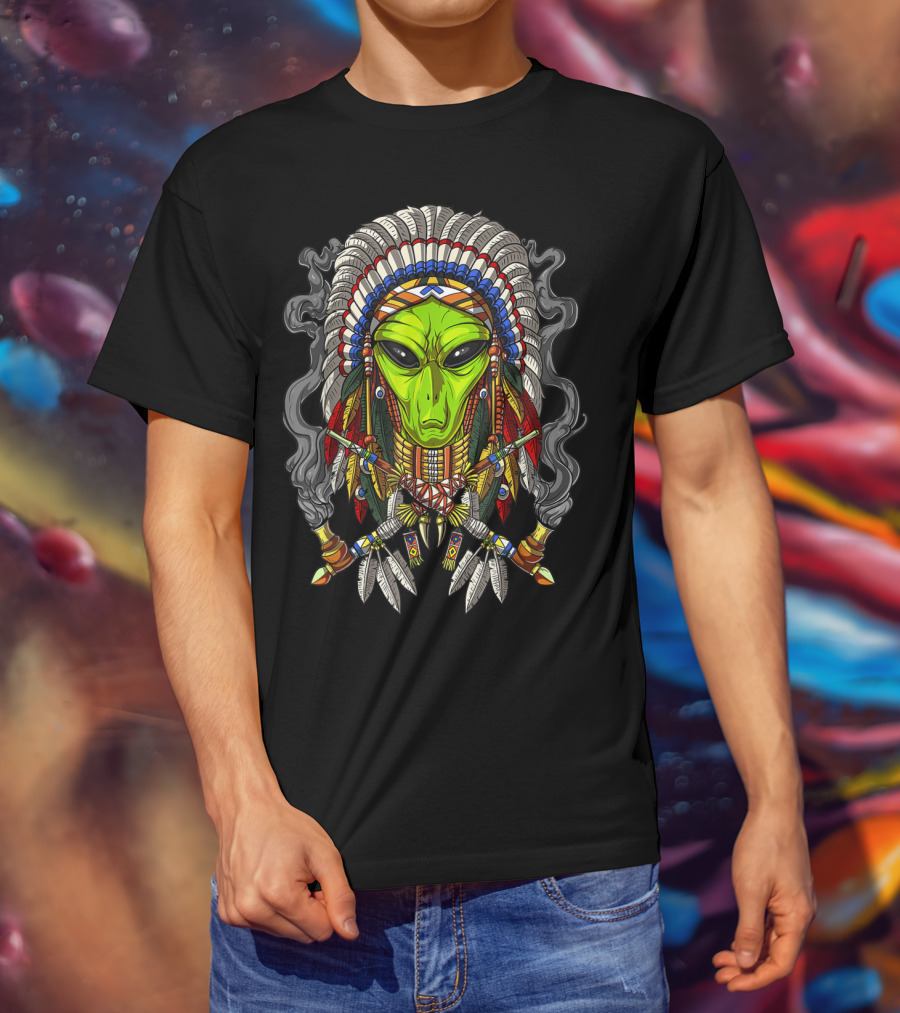 Alien Native American Chief Headdress Smoking Peace Pipes T-Shirt