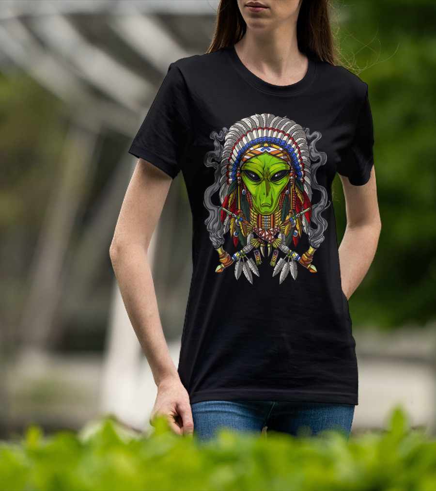 Alien Native American Chief Headdress Smoking Peace Pipes T-Shirt