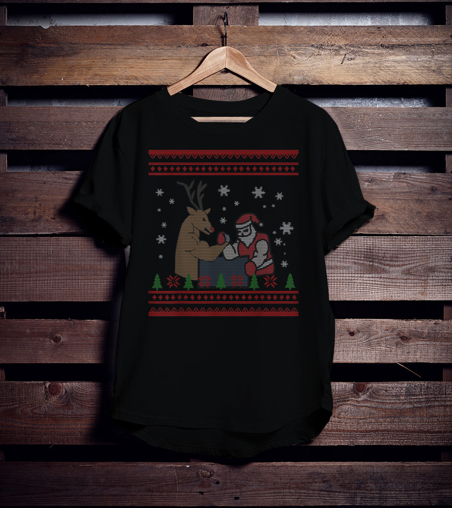 Arm Wrestling Santa Reindeer Funny Workout Gym Christmas T-Shirt