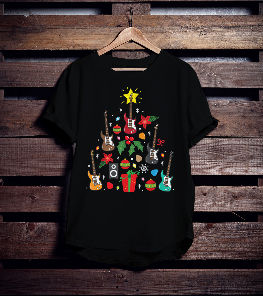 Bass Guitar Christmas Ornament Tree Music Holiday Festive Lights And Presents T-Shirt