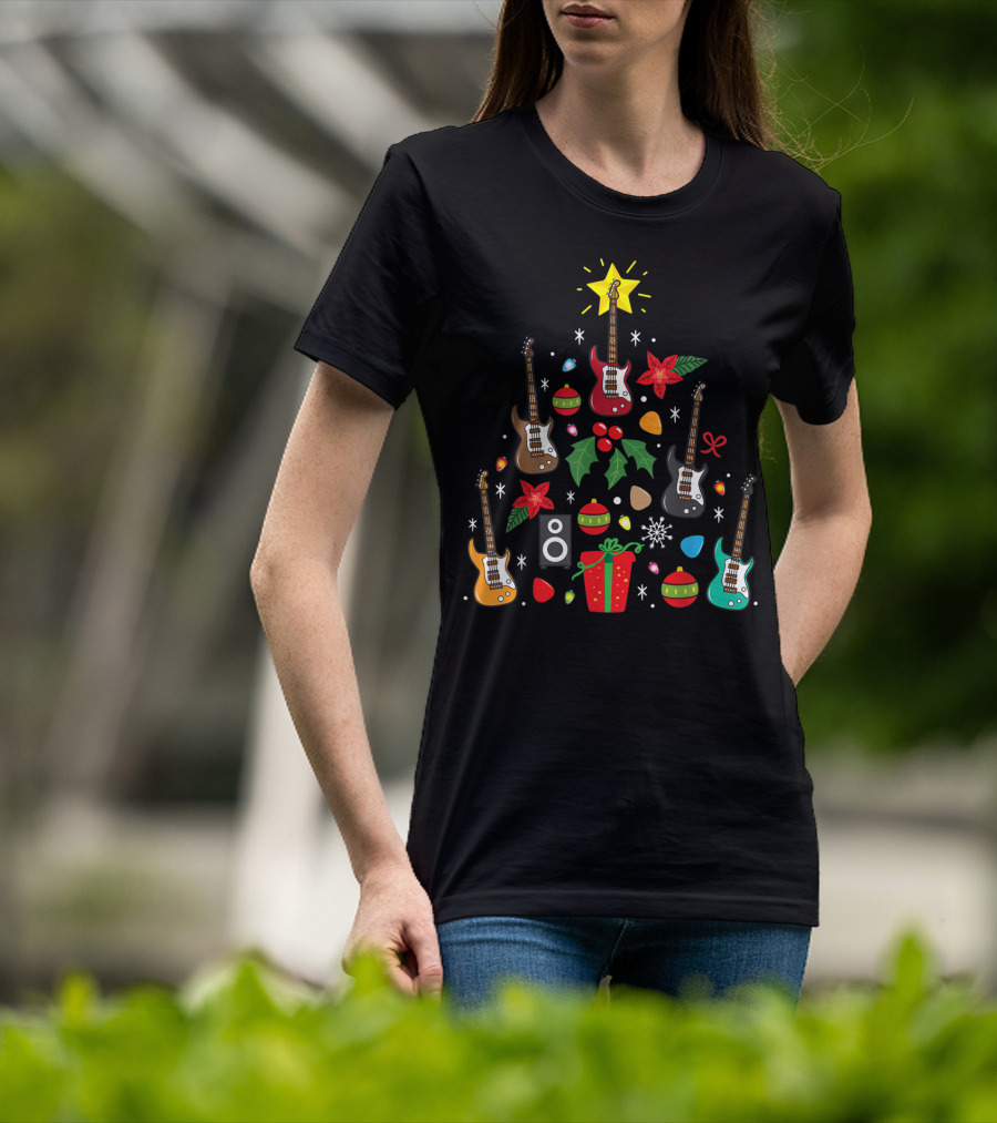 Bass Guitar Christmas Ornament Tree Music Holiday Festive Lights And Presents T-Shirt