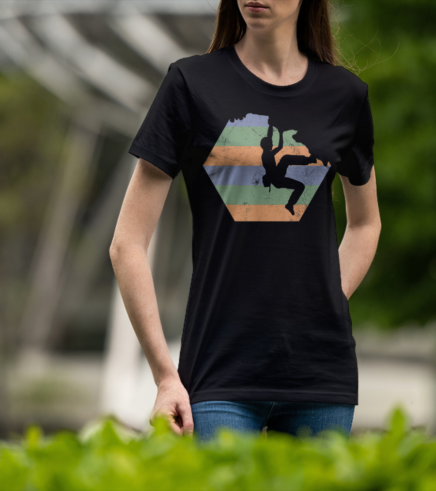 Bouldering Rock Climbing Climber Silhouette With Stripes T-Shirt