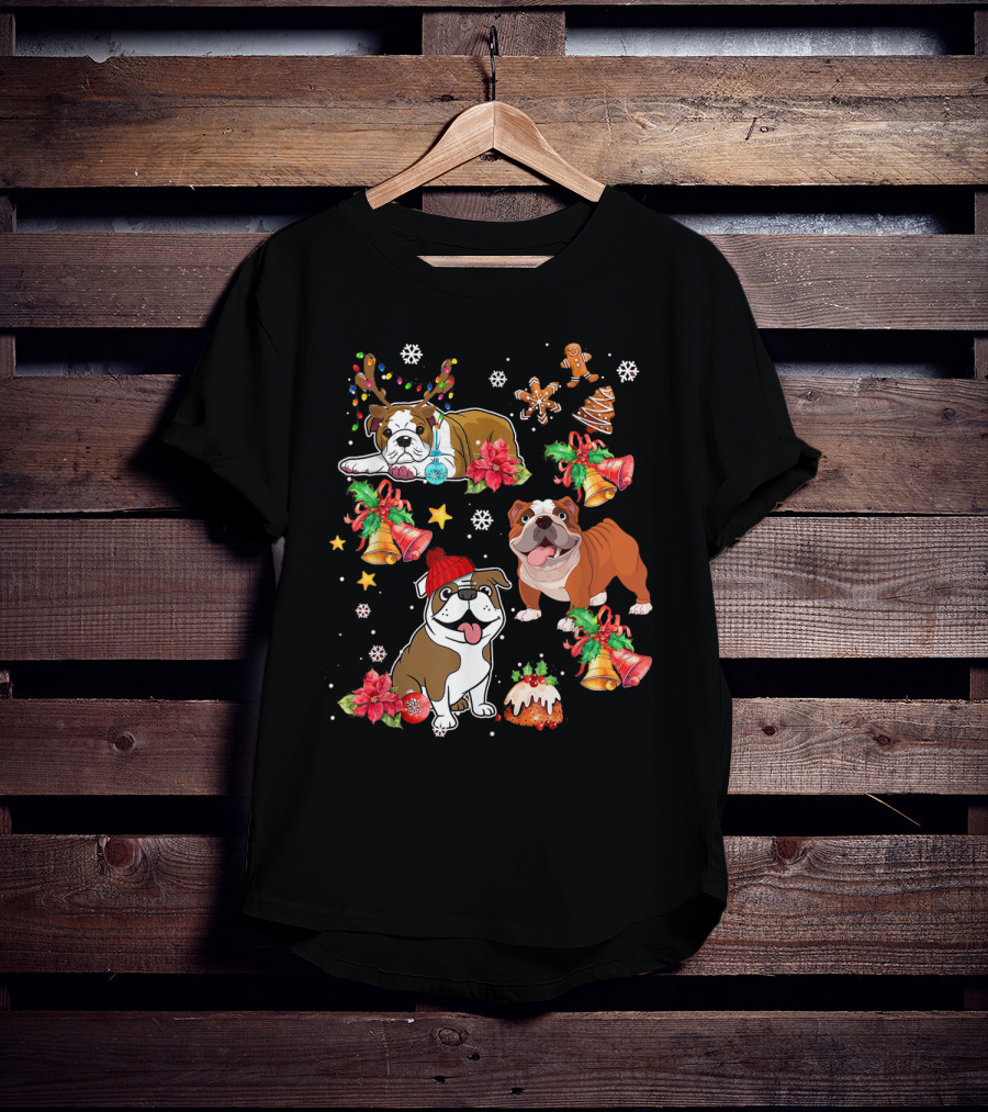 Bulldog Christmas Ornament Decoration With Bells And Gingerbread T-Shirt