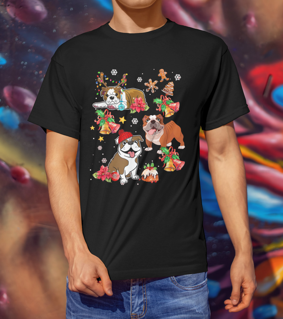 Bulldog Christmas Ornament Decoration With Bells And Gingerbread T-Shirt
