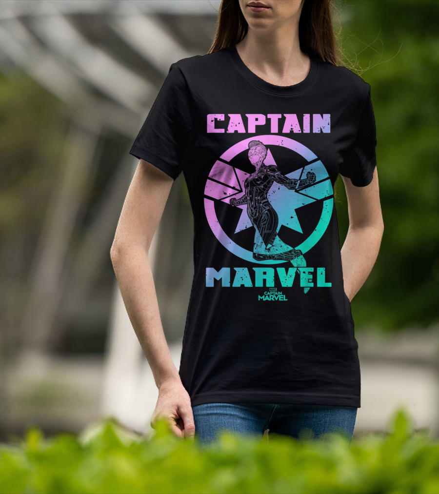Captain Marvel Star Emblem Spectrum Heroine Pose T-Shirt